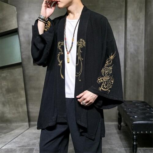 Streetwear Harajuku Japanese Haori Dragon Embroidery Men Cardigan Black Jacket Long Sleeve Male Fashion Outfit Cotton Linen