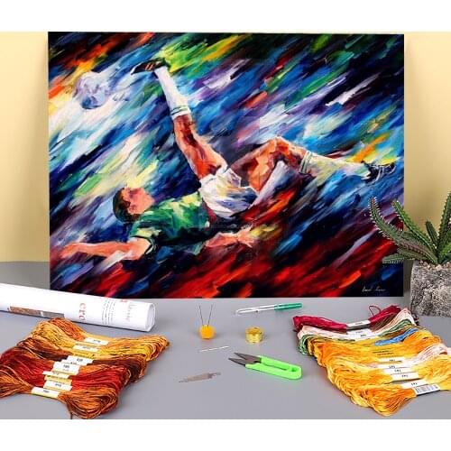 Oil Painting Style Soccer Printed 11CT Cross Stitch Patterns Embroidery DMC Threads Hobby Handiwork Handicraft Craft Package