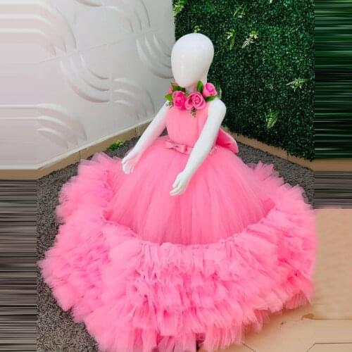 Cute Pink Flower Girl Dresses Ball Gown Floor Length Long Kids Pageant Birthday Party Dressing Gowns Ruffles