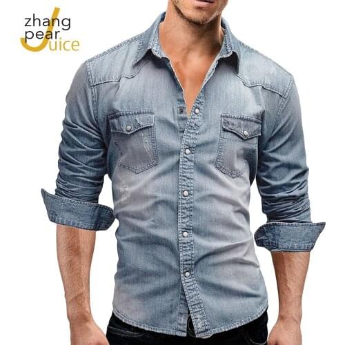 Men Denim Shirt Long Sleeve Cotton Pockets Slim Jeans Cowboy Shirt Clothing Men Blue Solid Jeans Shirt