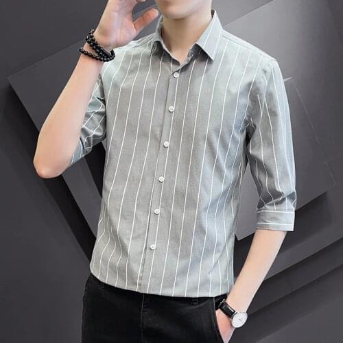 Mens Short-Sleeved Striped Business T-Shirt Three Quater-Sleeve Jacket Summer Slimmed Down High-End Shirt Clothing