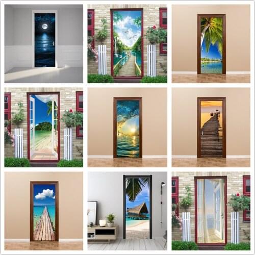 Natural Scenery Door Sticker Vinyl Peel and Stick Wallpaper Beach Decals DIY Removable Poster Bedroom Home Decor adesivo porta