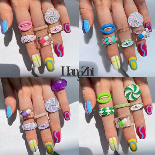New 6pcs/Set Colorful Metal Dripping Oil Glaze Round Lip Windmill Pills Y2K Rings Sets HANGZHI 2021 for Women Party Jewelry Gift