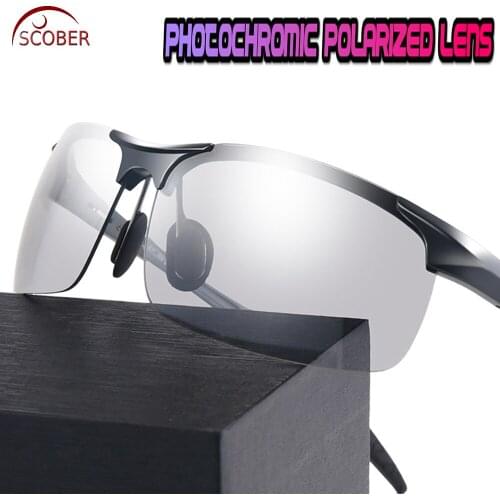 SCOBER = AL-mg alloy Men Photochromic Polarized Sunglasses Rimless Frame UV Polaroid Sports Driving Outdoor Designer Sun Glasses