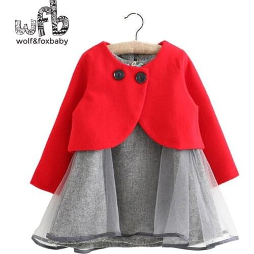 Retail 2-8 years sets full-sleeve Wool blends coat + solid color dress kids children spring autumn fall