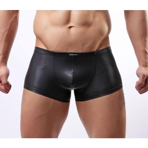 Sexy PU Leather Shorts for Men Low Waist Pouch Boxer Male Night Clubwear Lingerie Skinny Pants Pole Dance Erotic Black Underwear