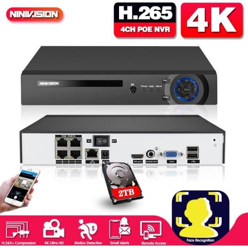XMeye 4 Channel POE NVR Face Recognition H.265+ 4K NVR Onvif Network Video Recorder 24/7 Recording IP Camera Onvif P2P System