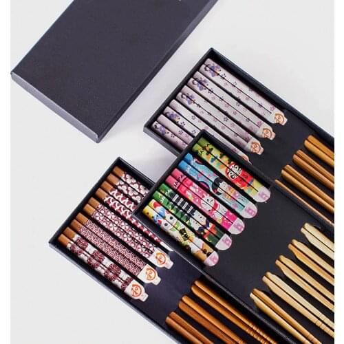 Visual Touch High-End 5 Pairs Lucky Cat Bamboo Ecological Chopsticks High Quality Handmade Sushi Japanese Style With Gift Box
