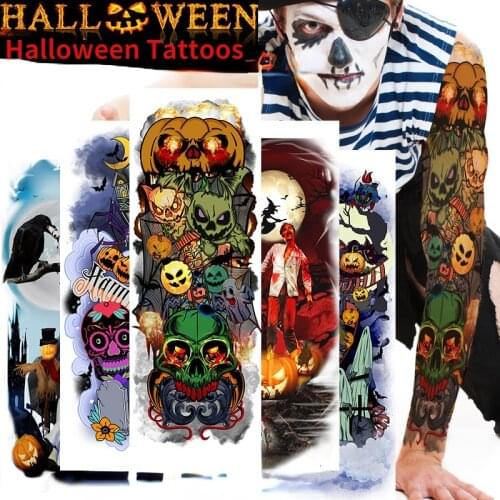 Halloween Temporary Tattoos for Women Men Waterproof Full Arm Tattoo Stickers Funny Scary Scary Bat Tombstone Big Flash Tattoos
