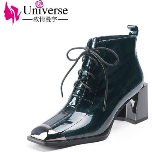 Universe J352 Chelsea StyleSquare Toe High Heel Ankle Lace-up Zipper Boots Women Shoes