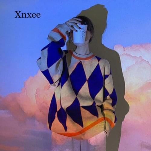 Panelled Knitted Pullovers Women O-neck Vintage Sweaters Loose Lazy Korean Style Streetwear Casual Fashion Sweet Autumn clothing