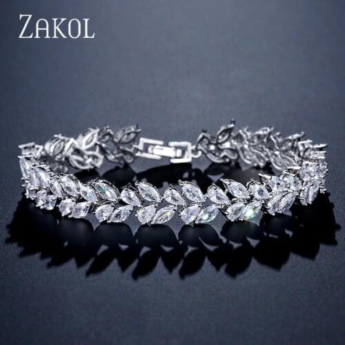 ZAKOL High Quality Fashion Cubic Zirconia Leaf Bracelet for Women Bridal Wedding Party Jewelry FSBP2126