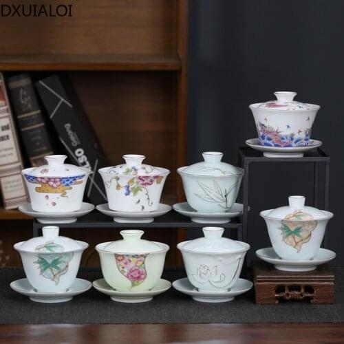DXUIALOI Shadow Green Ceramic Lid Teacup Kung Fu Tea Set Hand-painted gilt Sancai Lid Teacup Exquisitely carved teahouse tea set