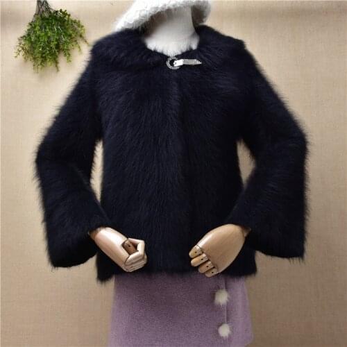 Female women fashion black fall winter mink cashmere knitted beading slim cardigan angora fur jacket coat sweater pull tops