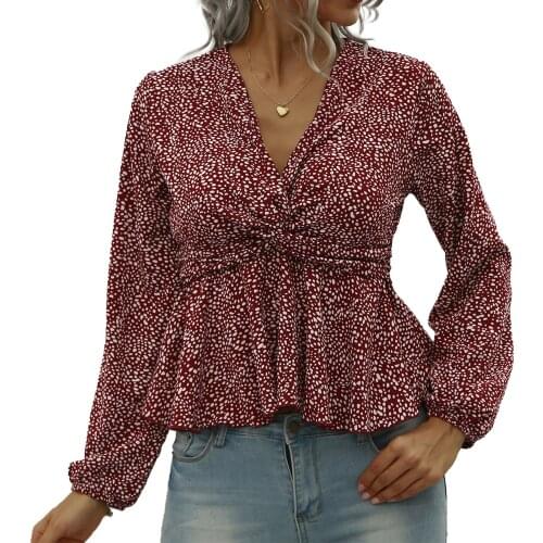 New Fashion Women Ladies Autumn Casual Long Sleeve Dot Printed Shirts Ruffle Twisted Party Loose High Waist Blouses Red