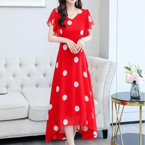 Summer Polyester Womens Dress V-Neck Short Sleeve Pullover Polka Dot Print Asymmetrical Red Black Fashion Office Lady Dress