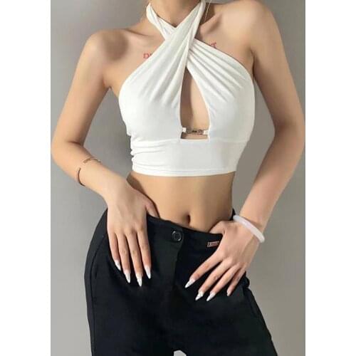 2021 New Fashion Summer Women Cross Halter Ruched Crop Tank Tops White Cut Out Sleeveless Open Back Clubwear Vest Top Tanks