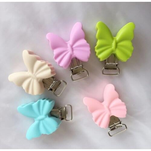 36x37x14 mm 10pcs/lot mix color food grade Silicone teething Butterfly Pacifier Clips for baby Teething Chew Necklace Beads