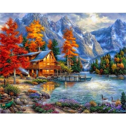 DIY 5D Full Diamond Painting Cross Stitch Forest Cabin Kits DIY Diamond Embroidery Mosaic Autumn Landscape Home Decor