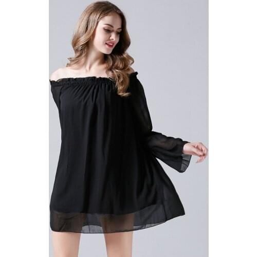 Girls Long Sleeve Ruffle Blouse for Girls Ladies Sexy Boat Neck Large Size Black Summer Chiffon Shirt Hot Women Off Shoulder Top