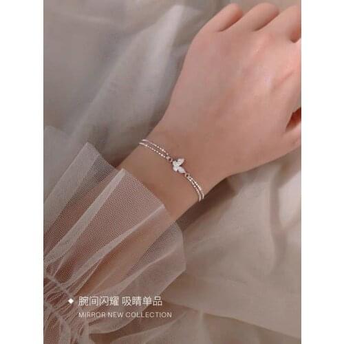 925 sterling silver accessories butterfly with rhinestones cold style simple double-layer bracelet jewelry for female women gift