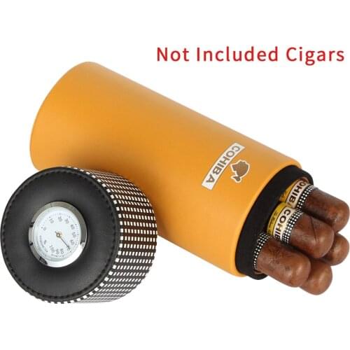 COHIBA Leather Cigar Humidor Accessories Yellow Cigar Case Cedar Wood Humidor Box with Humidor Humidifier Hygrometer