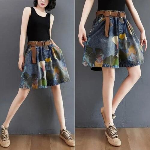 Plus Size Jeans Woman High Waist Retro Fashion Denim Shorts Elastic Waist Wide Leg Pants Loose Jean Femme Wide-leg Pant Printed