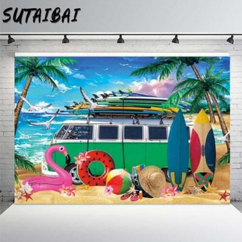 Summer Surfing Seaside Beach Holiday Background Trees Vehicle Surfboard Flamingo Lifebuoy Tropical Backdrop Baby Shower Party