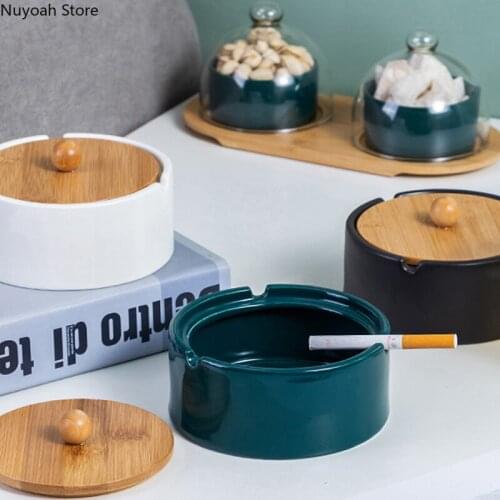 Nordic Creative Round Ceramic Ashtray Bamboo Cover Light Luxury Anti-fly Ash Home Living Room Dining Room Office Ashtray