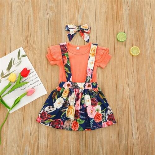Summer Girls 3Pcs Outfit Clothes Children Solid Color Fly Sleeve Round Collar Top Suspender Skirt Headwear Sets