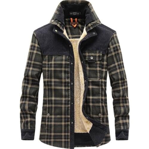 2021 Mens Warm Shirt Jacket Thick Winter Fleece Plaid Jacket Pure Cotton Camisa Masculina Military Style Chemise Homme Coats