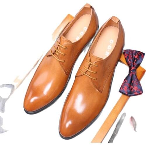 English business dress shoes mens spring and autumn style pointed leather head layer pure cowhide brown