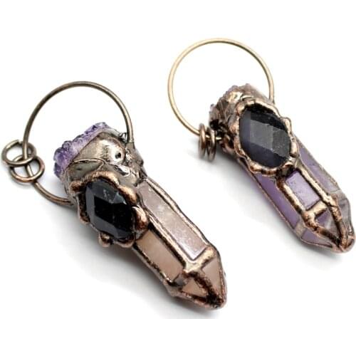 Natural 1pc Hexagonal Rose Amethyss Quartz Stone Vintage Pendant Cluster Cap And Oval Eyes Bead Paved Ant Gold Plating Special