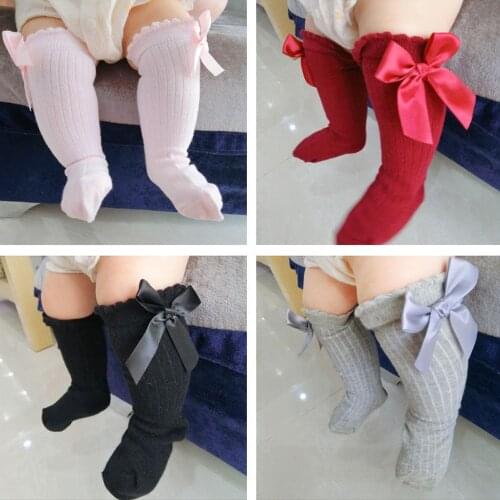 0-4Y New Toddlers Kids Girls Long Socks Big Bow Knee High Long Soft Cotton Lace Baby Socks Kids Non Slip Solid Color Socks