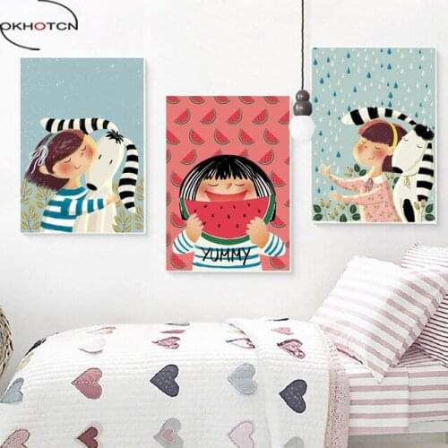 OKHOTCN Nordic Style Dog Watermelon Framed Cartoon Canvas Painting Wall Art HD Printed Posters For Kids Room Decoration Pictures