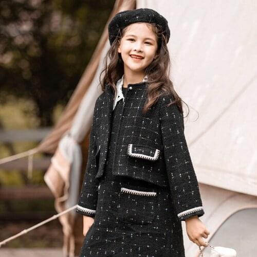 European Style Autumn Winter Girls Set 2 piece Short Woolen Tweed Jacket Coat + Dress Clothing Kids Set Jacket for Girls
