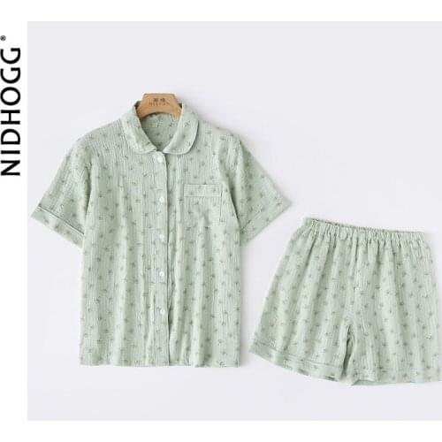 Summer 100% Cotton Crepe Pajamas for Women Short Sleeve Shorts Multicolor Print Home Clothes Turn-down Collar Loose 2 Piece Set