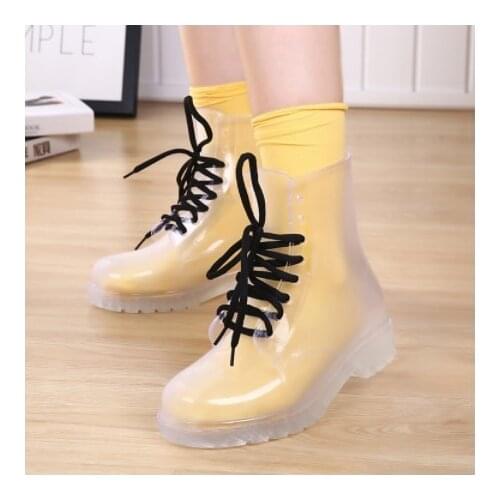 Women Rain Boots Mature Lady Lace Up Waterproof Lady Shoes Transparent Candy Colors Ankle Outdoor Girls Shoes