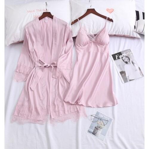 Pink Sweet Lace Kimono Robe Gown Suit Womens Spring Summer New Satin Sleepwear Sexy V-Neck Strap Nightgown Casual Home Dress
