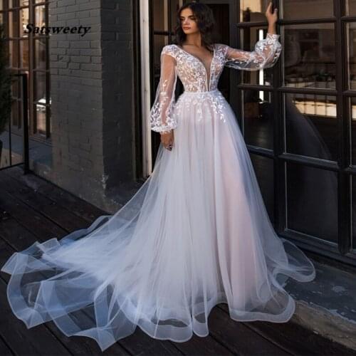 2020 Boho Wedding Dress Puff Long Sleeves A-Line Appliques Floor Length Bride Dress Custom Made Princess Wedding Gown
