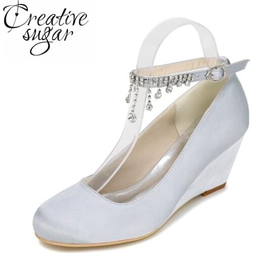 Creativesugar Elegant beach wedding dress wedges middle heel pumps with ankle strap sexy cocktail party evening dress shoes