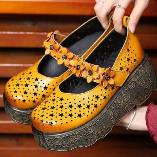 Autumn Women Shoes Hollow Breathable Handmade Genuine Leather Women Wedges Shoes Thick Bottom Platform Heel Female Casual Shoes
