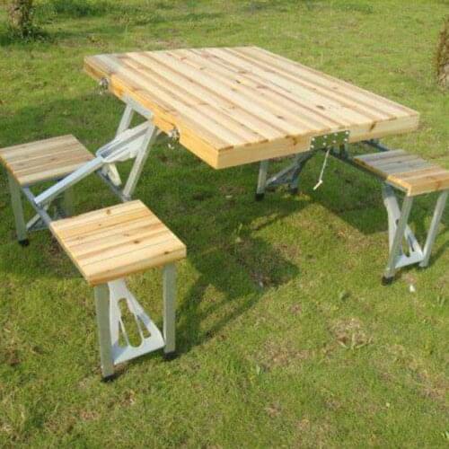 Outdoor Camping Aluminum Alloy Picnic Table Portable Waterproof Ultra Light Durable Solid Wood One-piece Folding Table and Chair