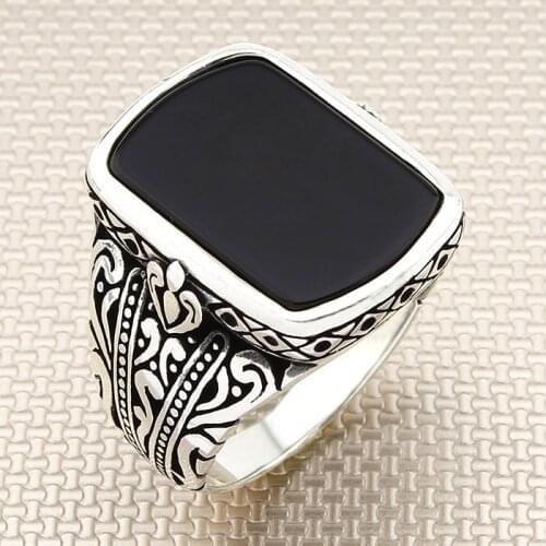 Embroidered Rectangle Black Onyx Stone Men Silver Ring Made in Turkey Solid 925 Sterling Silver