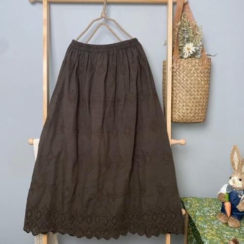 Japan Style Mori Girl Fresh Hollow out Skirt 2021 Spring Summer Solid Color Embroidery A-line Cotton Skirt Women