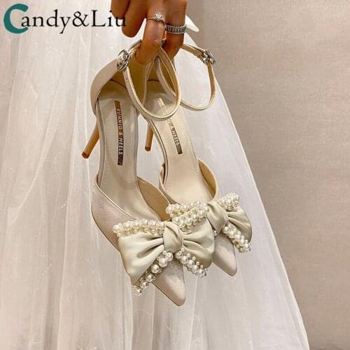 Big Pearls Bow High Heels Beige Womens Spring Summer 2021 New Line Buckle Pearl Bow Temperament Casual Shoes