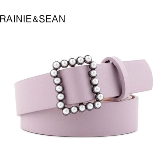 RAINIE SEAN Leather Belt Women Fashion Pearl Buckle Belt For Trousers Solid Black White Red Camel Pink Blue Female Ceinture
