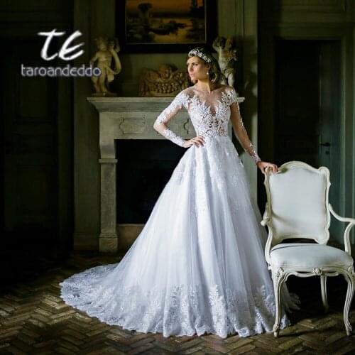 Vestidos Mais Lindos De NoivasDo Mun Long Sleeve A-Line Scoop Illusion Back Appliques Lace Boho Wedding Dress Vestido De Noiva