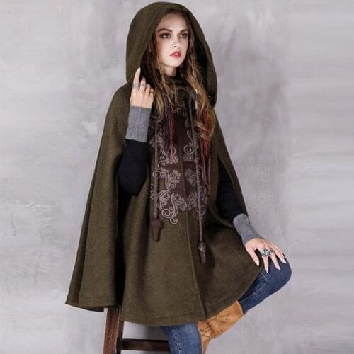 Johnature Women Blend Coats Embroidery Cloak Vintage Hooded Dark Green 2020 Winter New Thick Chinese Style Women Blend Coats