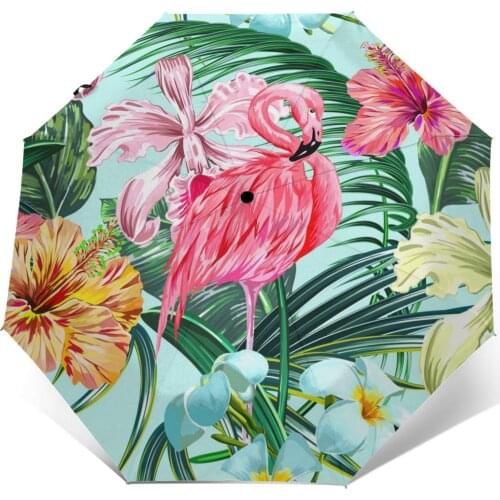 Wind Resistant Folding Automatic Umbrella Auto Floral Tropical Flamingos Hibiscus Orchid Windproof Umbrellas Rain For Parasol